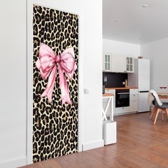 Coquette Pink Bow Leopard Print Door Cover, Trendy Cheetah Print Decoration D…