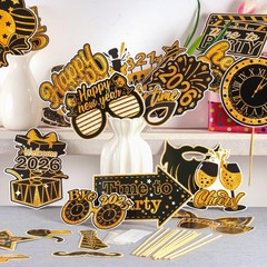 30 PCS New Years Photo Booth Props 2026 Black Gold NYE Happy Party Decor