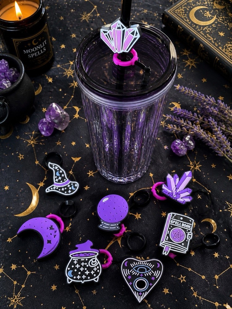 8pc Witchy Straw Topper Set Purple Halloween Crystal Moon Cauldron Cute