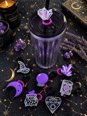 8pc Witchy Straw Topper Set Purple Halloween Crystal Moon Cauldron Cute