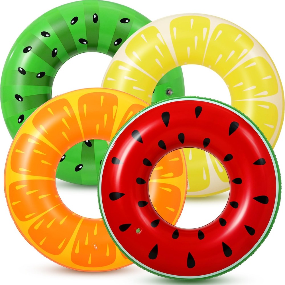 4 Pcs Adult Inflatable Pool Rings 36/45in Inflatable Tubes Fruit Donut Stripe…