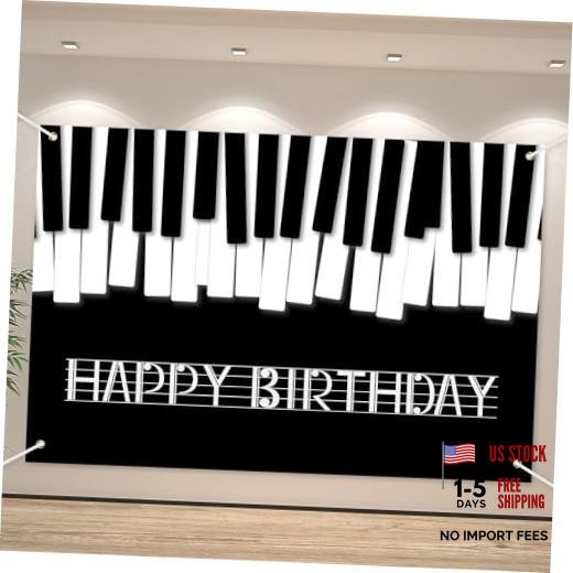 Piano Happy Birthday Banner Backdrop Black White Music Piano Keyboard Theme