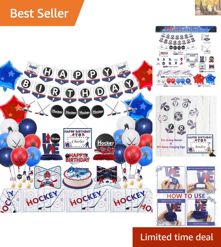 Hockey Theme Birthday Celebration Kit – Banners, Tablecloth & Cupcake Toppers