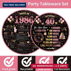 96Pcs 40th Birthday Decorations Women Tableware Set Rose Gold Back in 1986 Paper