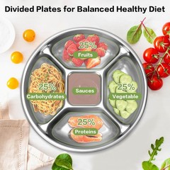 YEJZXY 5 Compartments 8.5» Stainless Steel Divided Plates for Medium, Silver