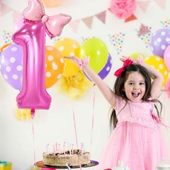 Pink 1 Balloon Number bow Balloons, 40 Inch Pink Number Balloons Mini Bow Bal…
