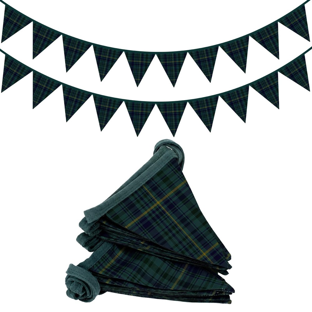 2 Pcs Green Blue Tartan Plaid Pennant Banner Flags Fabric Garland Triangle Bu…