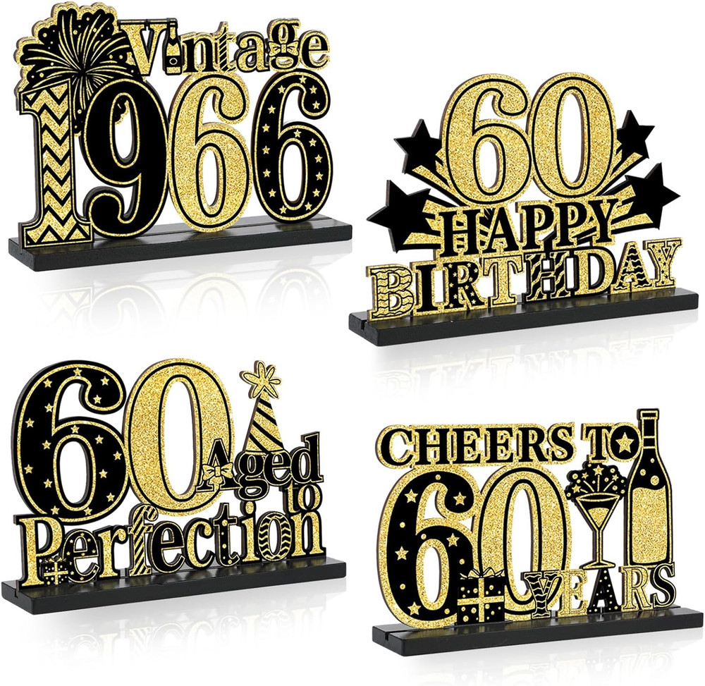 4 Pcs 60Th Birthday Table Wooden Decorations Vintage 1966 Black Gold Birthday Pa