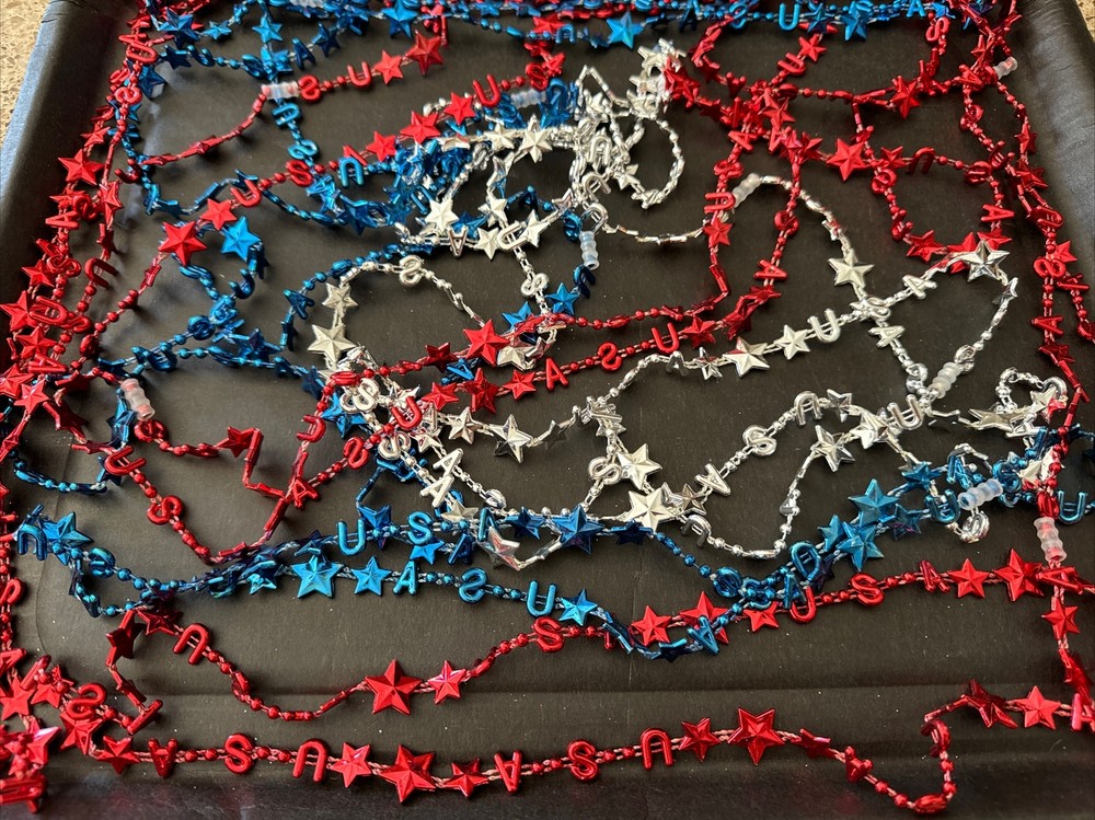 14 Pc USA Red Silver & White Plastic Beads Necklace For Party Kids Adults