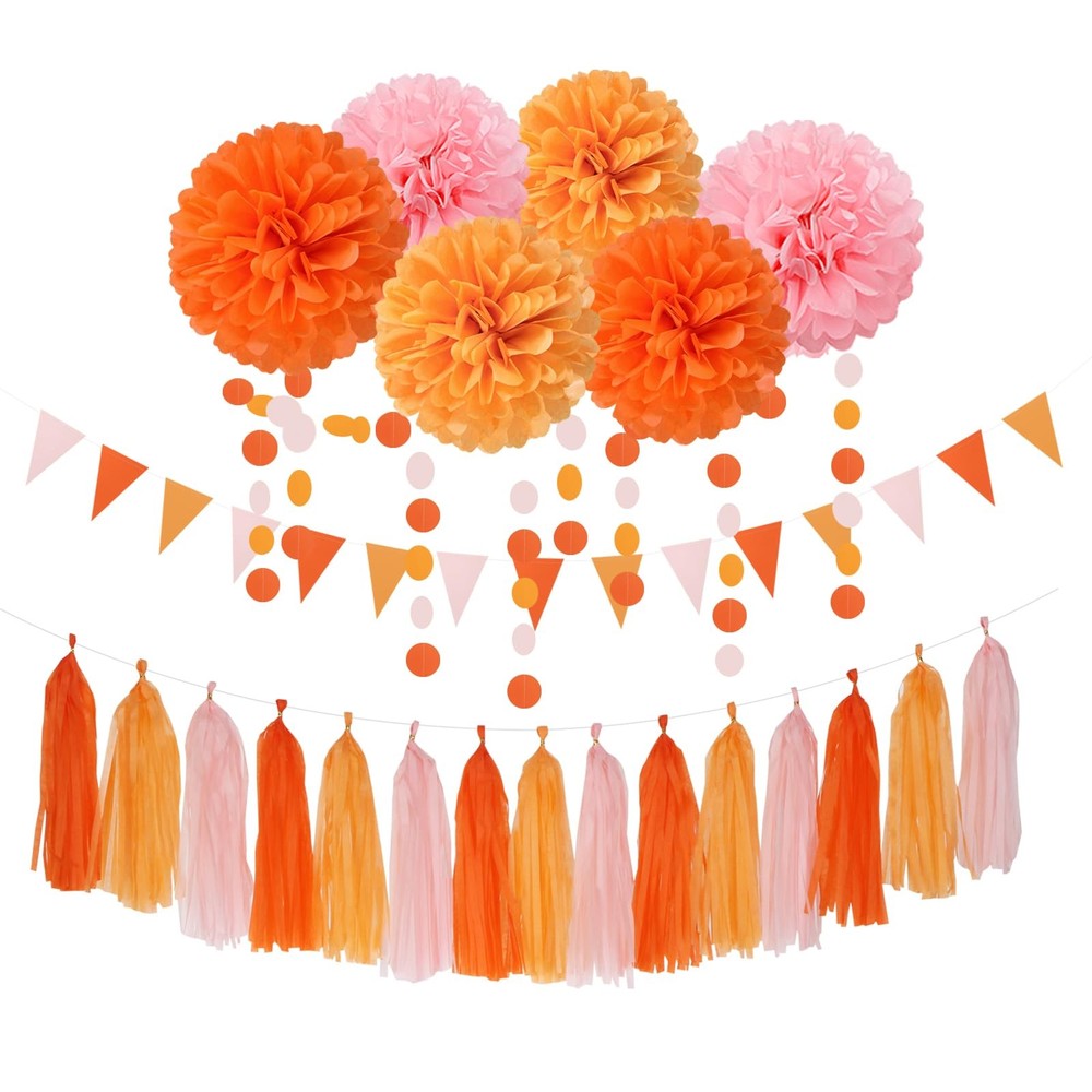 Pink-Orange Groovy Party-Decorations Pom-Poms Streamers – 23pcs Fall Autumn T…