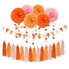 Pink-Orange Groovy Party-Decorations Pom-Poms Streamers – 23pcs Fall Autumn T…