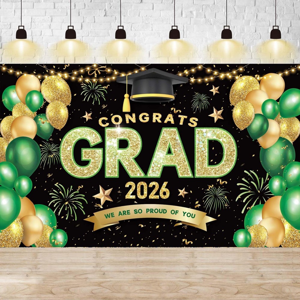 Green Gold Graduation Banner Congrats Grad 2026 Party Decor 72×44 inch Backdrop