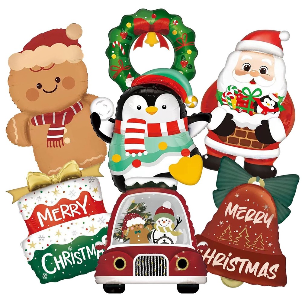 7 Pcs Christmas Foil Balloons Xmas Santa Gingerbread Snowman Penguin Mylar Ba…