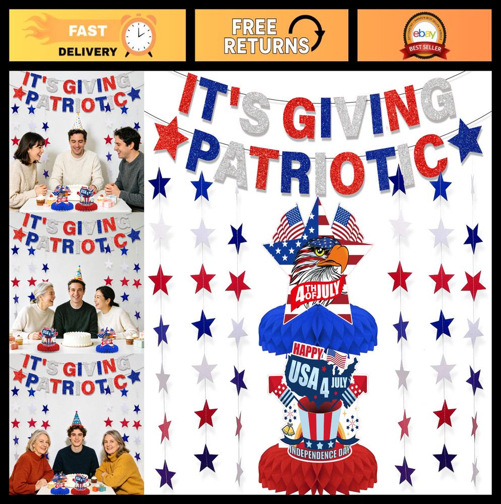 Patriotic 4th of July Decorations – 10 Pcs Red White Blue Banners & Honeycomb Ga