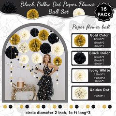 Black and Gold Party Decorations, 16 PCS Tissue Paper Pom Poms Dots Paper Garlan
