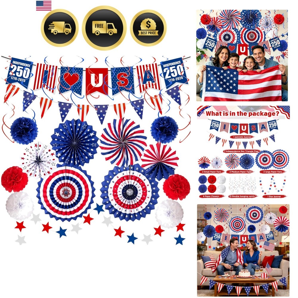 4th of July Decorations 37PCS Patriotic Decorations Red White Blue Paper Fans…
