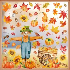 Fall Window Clings – Watercolor Autumn Harvest Double-Sided Colorful