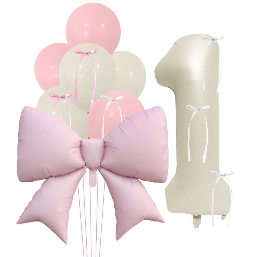 Pink Large Bow Balloon, 1 Number Foil Balloons with Silk Bowknot, 39 inches B…