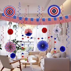 Patriotic Party Decorations 26pcs Hanging Swirls Paper Fans Pom Poms Star Banner