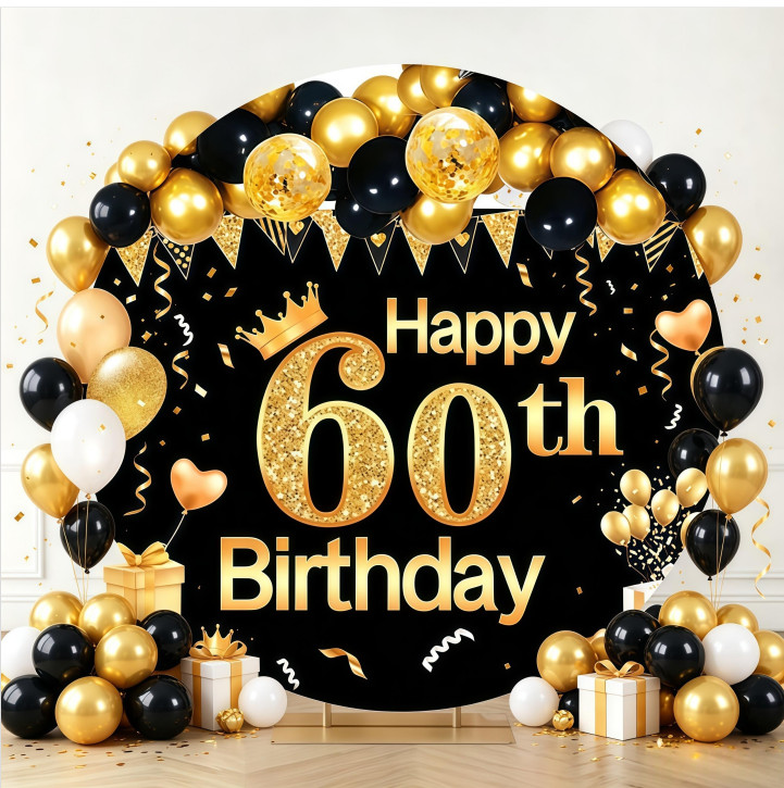 60th Birthday Black Gold Round Backdrop Cover Banner Photo Background Decor