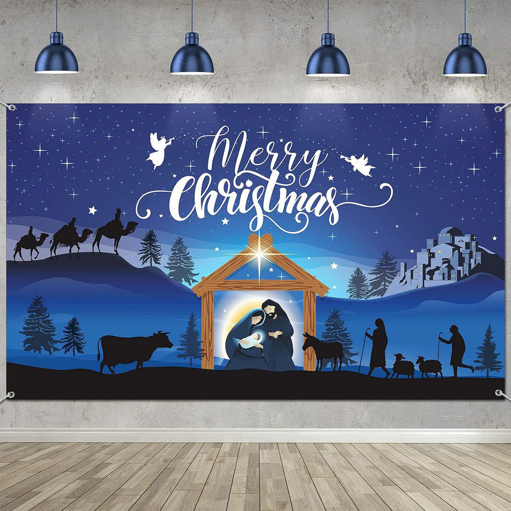 Merry Christmas Nativity Scene Banner – Large Blue Backdrop for Christmas Party