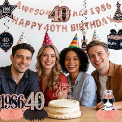 40th Birthday Party Decorations – 12 Pcs Black Rose Gold Set, Cake Topper, Banne
