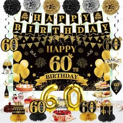 42PCS 60th Birthday Party Supplies,Black Gold Banner Balloons,Centerpiece Decor