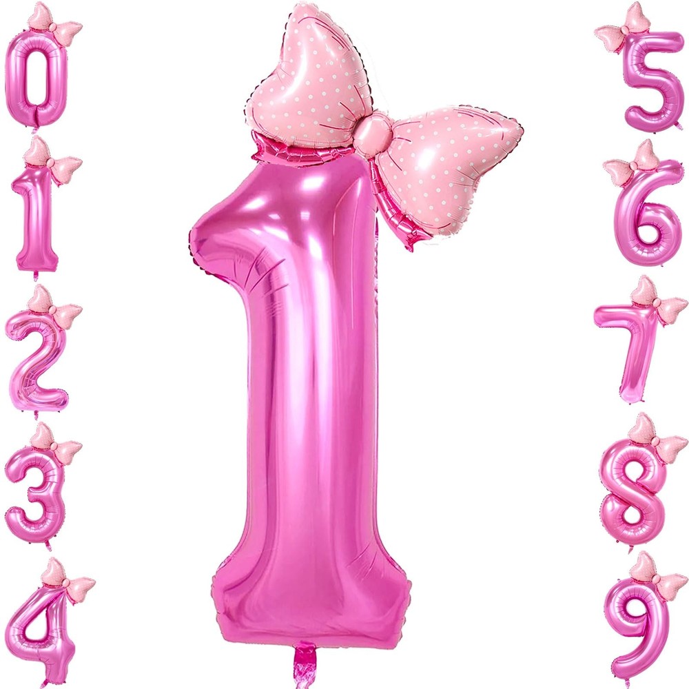 Pink 1 Balloon Number bow Balloons, 40 Inch Pink Number Balloons Mini Bow Bal…