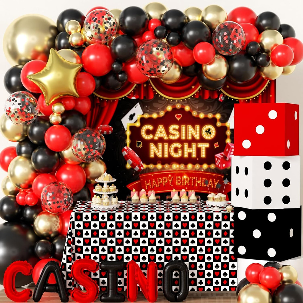 Casino Theme Birthday Party Decorations Party Backdrop, Foil Balloons, Balloons