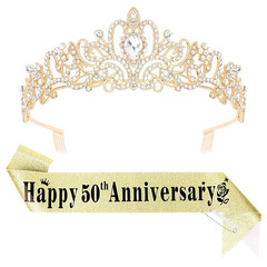 50Th Anniversary Decorations, Gold Crown and Happy 50Th Anniversary Sash Set, Ti