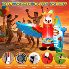 Inflatable Parrot Decorations 5FT Luau Hawaiian Surfboard Blow up Beach Party De