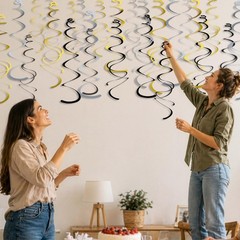 48-Piece Swirl Party Decorations for Ceiling, Black Gold Silver Satin-Look Si…