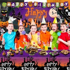 Halloween Happy Birthday Banner, Pumpkin Birthday Party Decorations w background