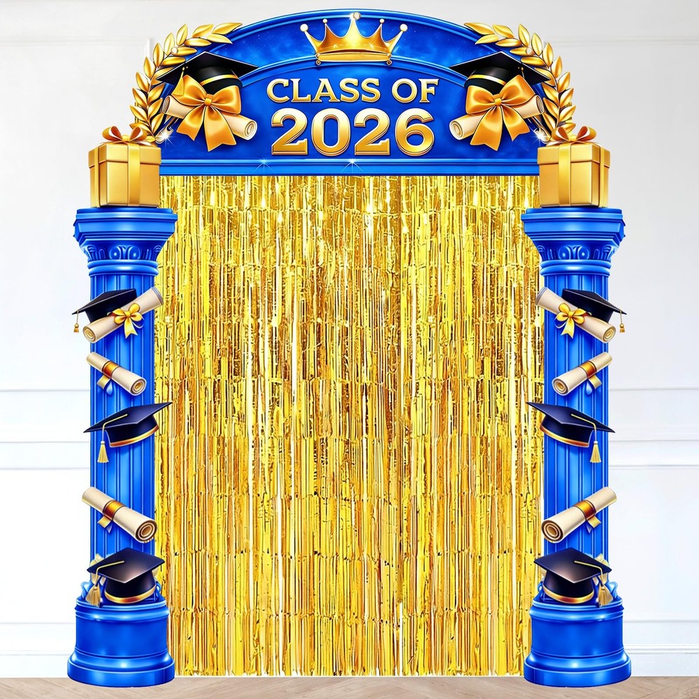 Class Of 2026 Graduation Decorations Blue Gold Arch Door Cover With 2 Gold Foil