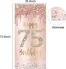 Elegant Pink Rose Gold 75th Birthday Door Banner – 72.8×35.4″ Celebration Decor
