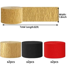 6 Rolls Black Red Gold Crepe Paper Party Streamers 1.8 Inch 82 Ft Per Roll