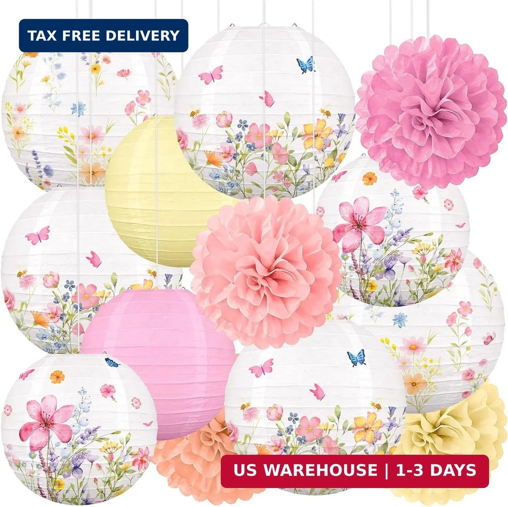 Renbuzhu 13PCS Spring Wildflower Party Decorations Hanging Paper Lanterns Pom Po
