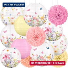 Renbuzhu 13PCS Spring Wildflower Party Decorations Hanging Paper Lanterns Pom Po