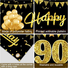 Happy 90Th Birthday Banner Decorations for Women Men, Black Gold 90 Birthday Yar
