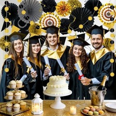 24 Pcs Black and Gold Party Decorations, Paper Fans Pom Poms Garland Decor | …