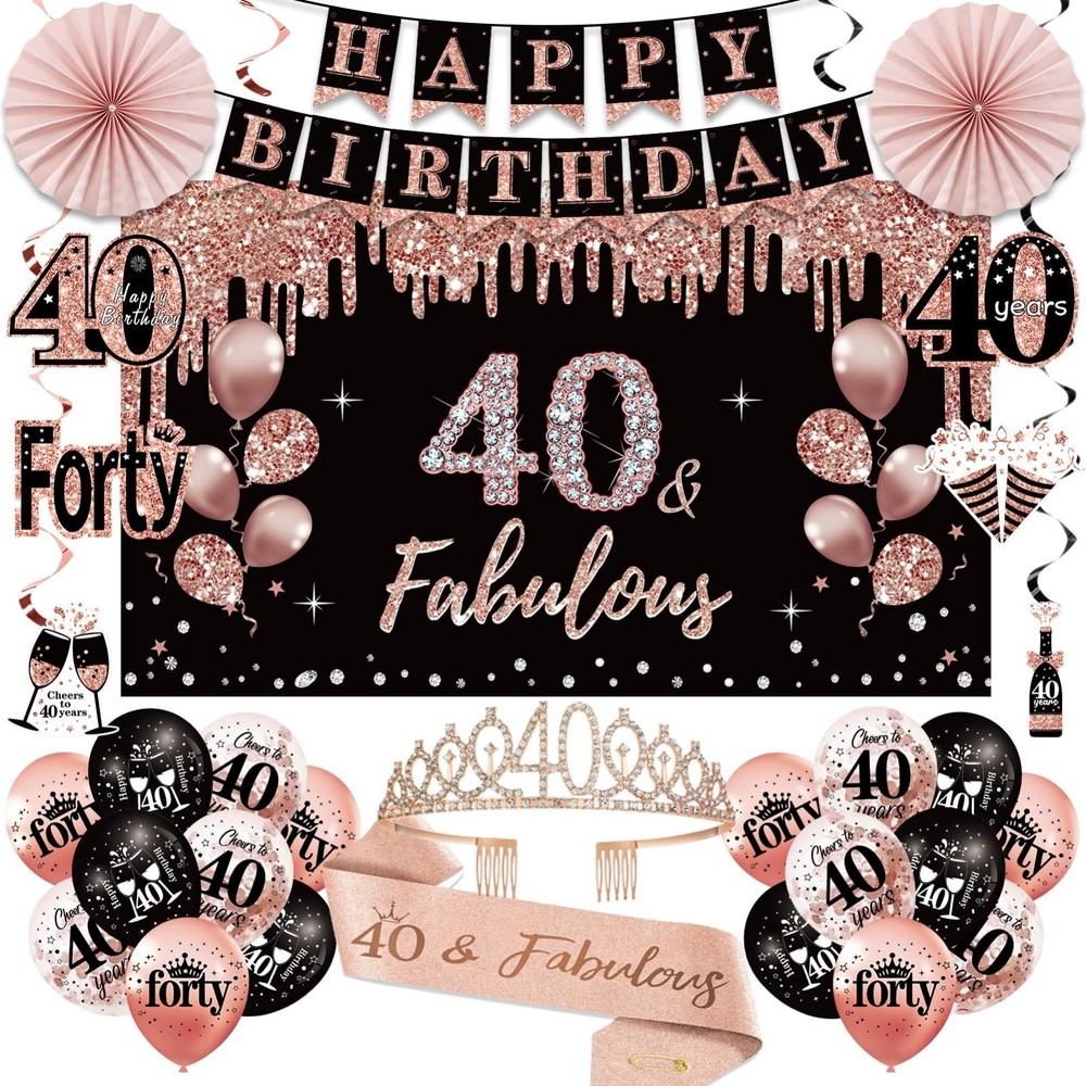 40th Birthday Party Decorations Kit – 33pcs Black Rose Gold Banner, Crown, Ballo