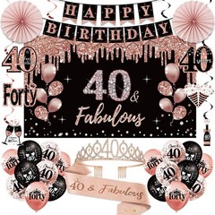 40th Birthday Party Decorations Kit – 33pcs Black Rose Gold Banner, Crown, Ballo