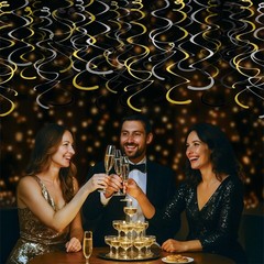 48-Piece Swirl Party Decorations for Ceiling, Black Gold Silver Satin-Look Si…