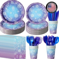 Paper Tableware Set 25 Pieces Blue Purple Snowflake Winter Holiday Party Supp…