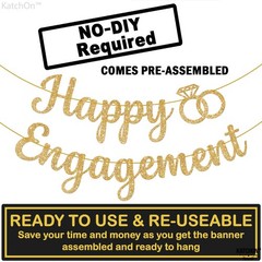 Gold Glitter Happy Engagement Banner – Pre-Strung,10 Feet | Engagement Party …