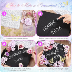 DIY Graduation Cap Decorations Kit Included Faux Flowers 3D Butterfly Self Adhes
