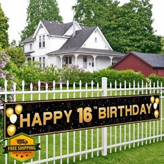 ANATANOWOR 16th Birthday Banner Black Gold