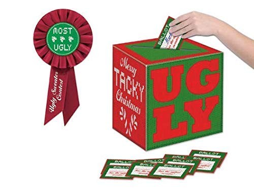 Ugly Christmas Sweater Contest Kit Voting Box Ribbon Trophy Party Fun Game