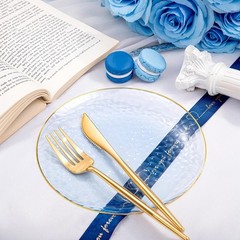 100 Pcs Blue Gold Rim Disposable Plates 7 Inch Hammered Salad Dessert Party