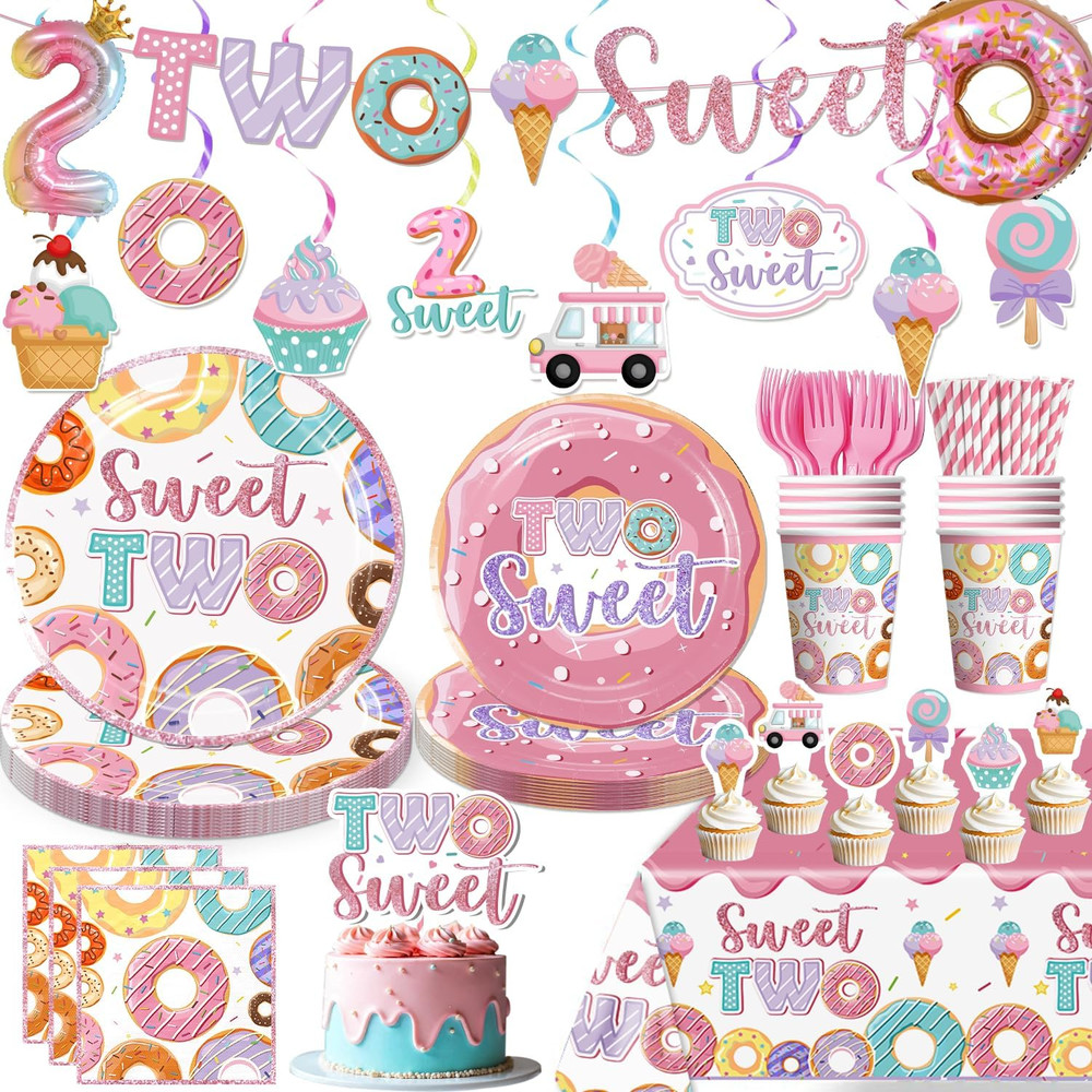 155 Pcs Two Sweet Birthday Decorations, Donut 2Nd Birthday Decorations for Girl